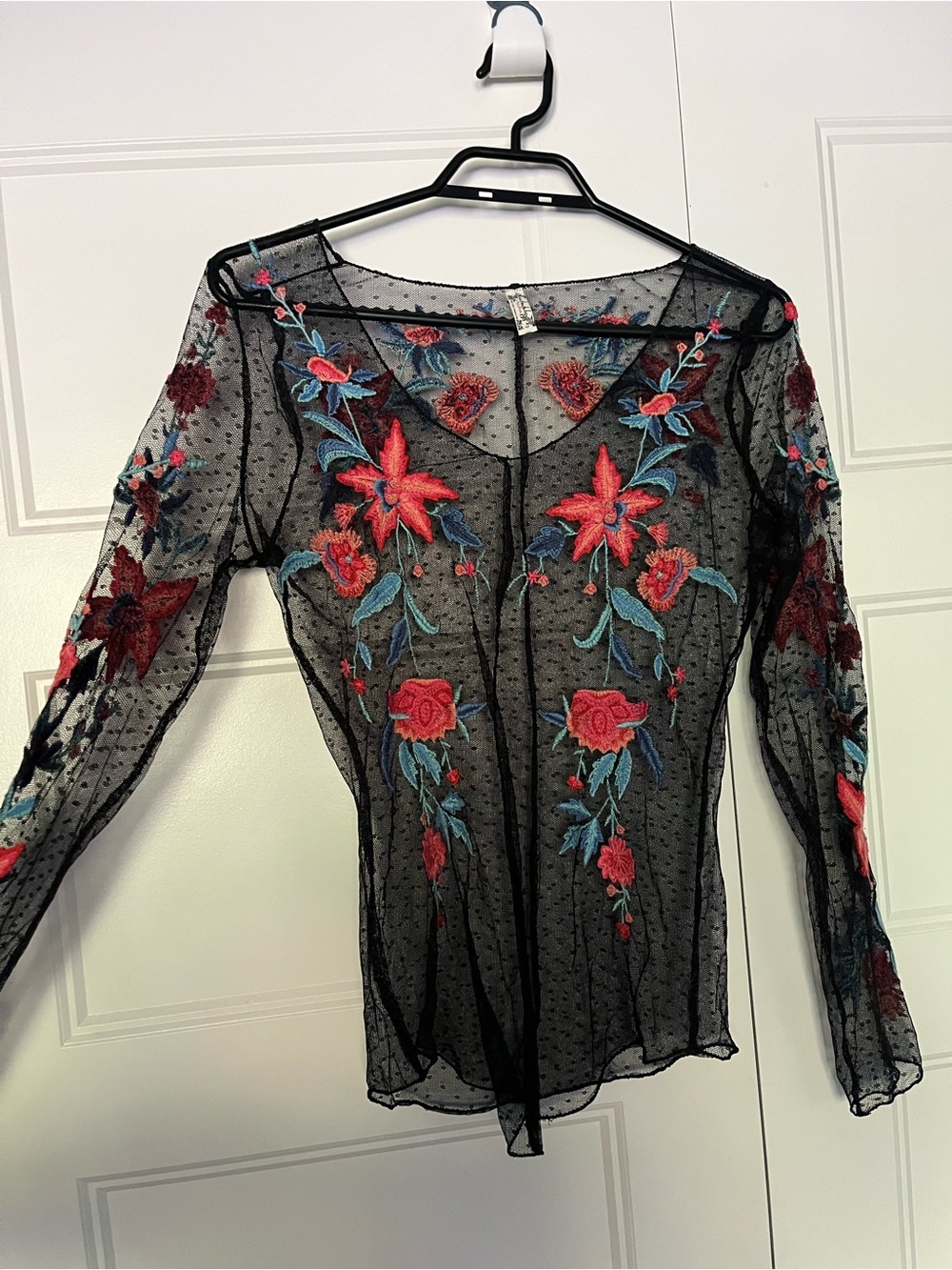 Free People Black Sheer Mesh Top with Pink & Blue Floral Embroidery